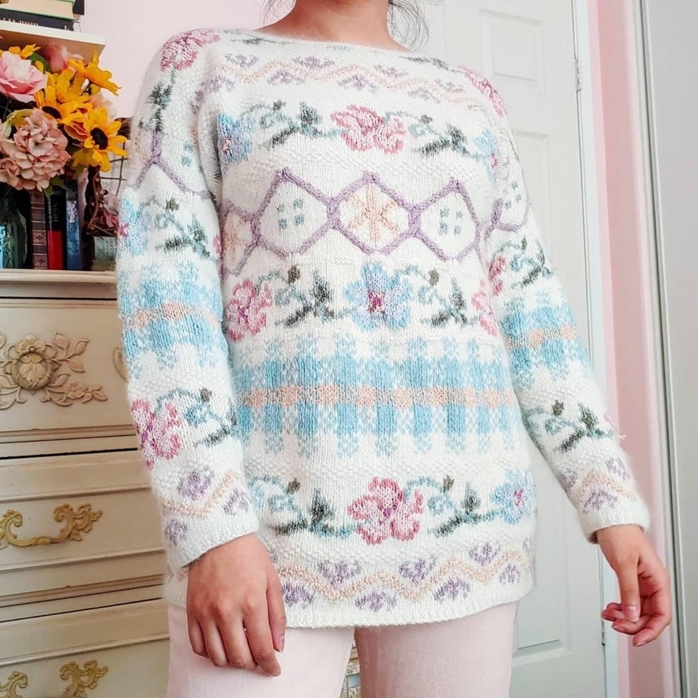 Express Tricot Vintage 90’s‎ Floral Angora Silk Blend Sweater Size S